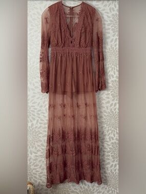 Mustard Seed Women’s S Boho Mauve Lace Embroidered Empire Waist Maxi Dress